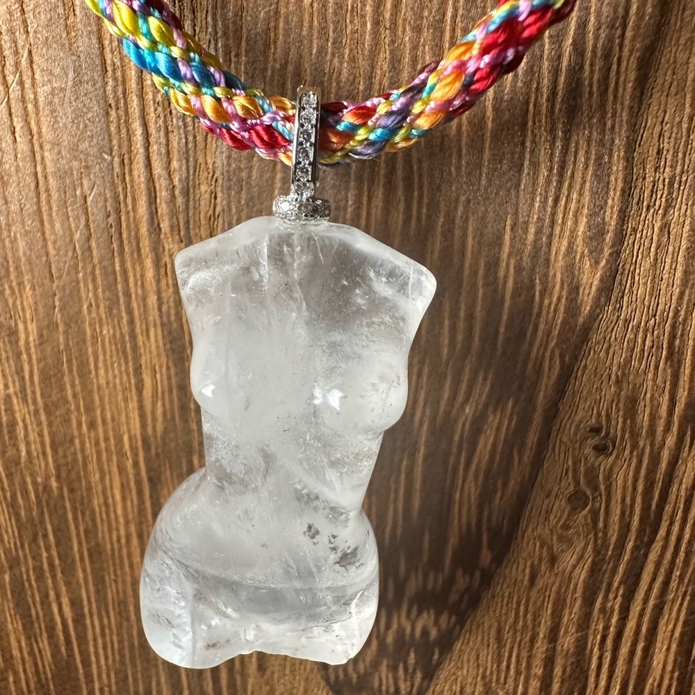 Clear Quartz Lady Body Carving Pendant Necklace on Multicolor Rope, Silver Bail - Picture 8 of 14